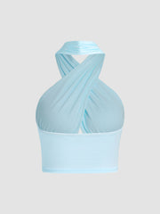 Solid Crossover Crop Halter Tank Top