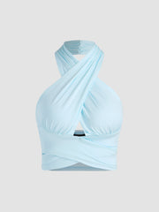 Solid Crossover Crop Halter Tank Top