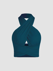 Solid Crossover Crop Halter Tank Top