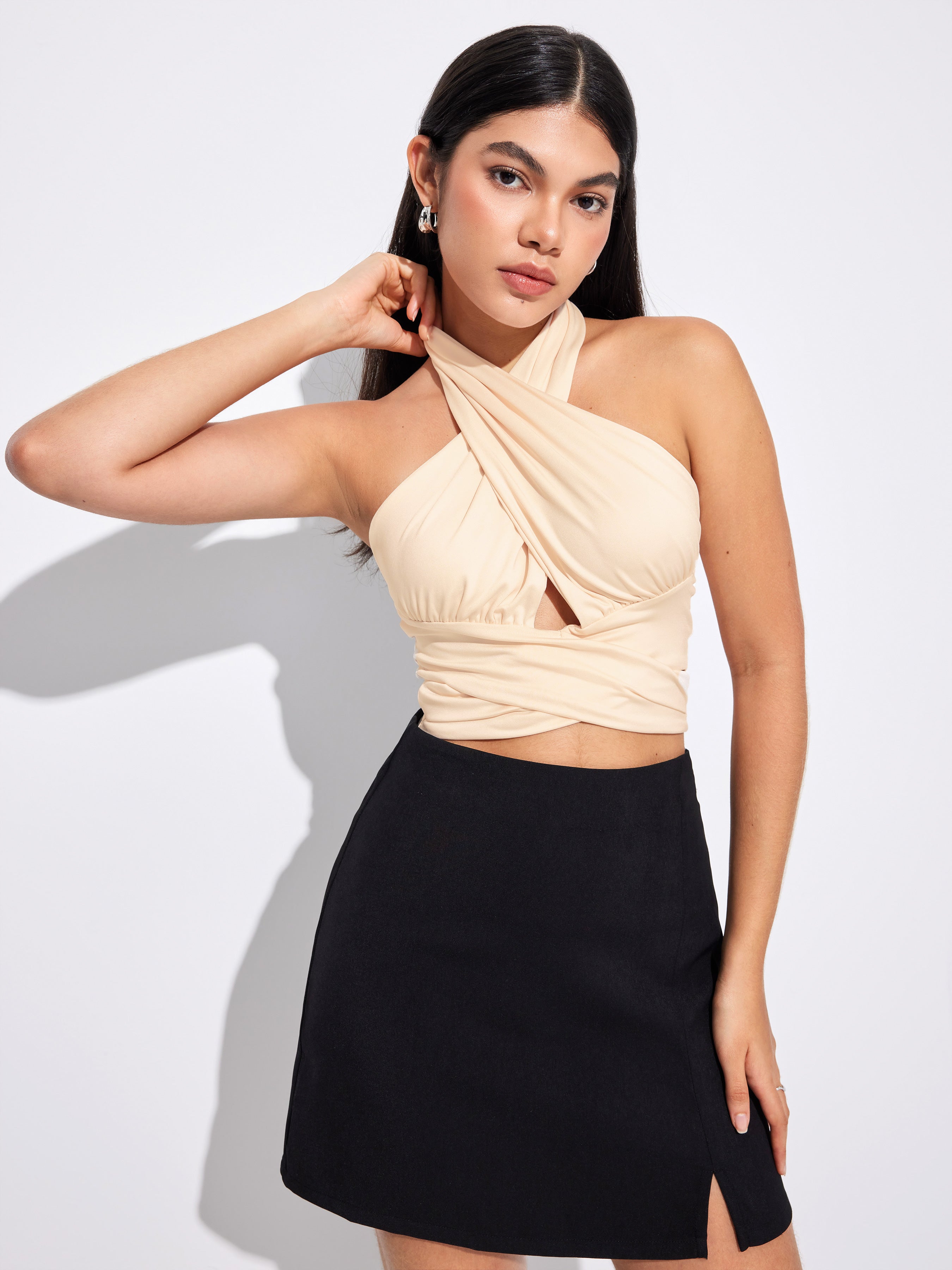 Solid Crossover Crop Halter Tank Top