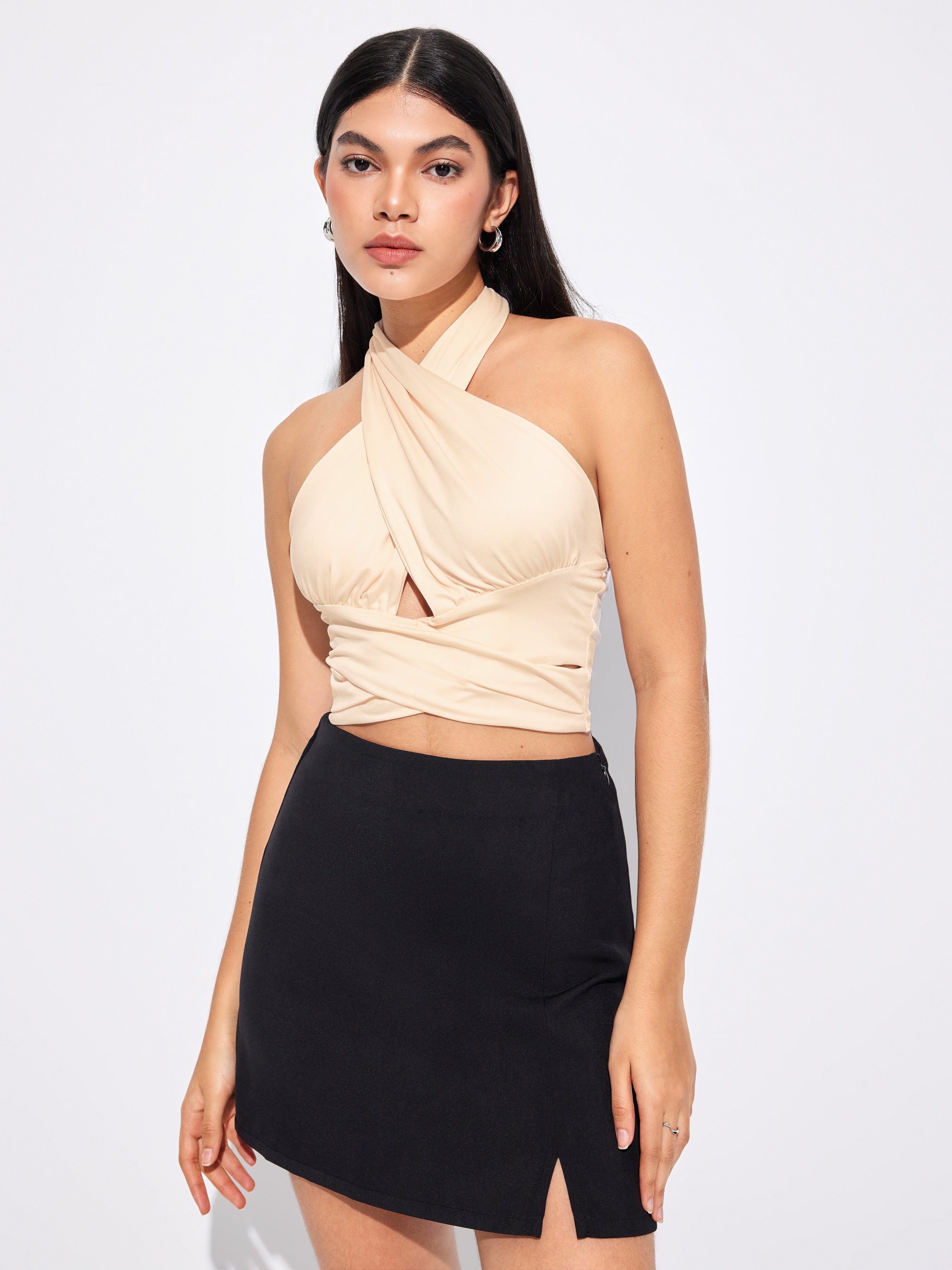 Solid Crossover Crop Halter Tank Top